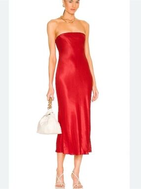 L'Academie Strapless Satin Midi Dress in Red